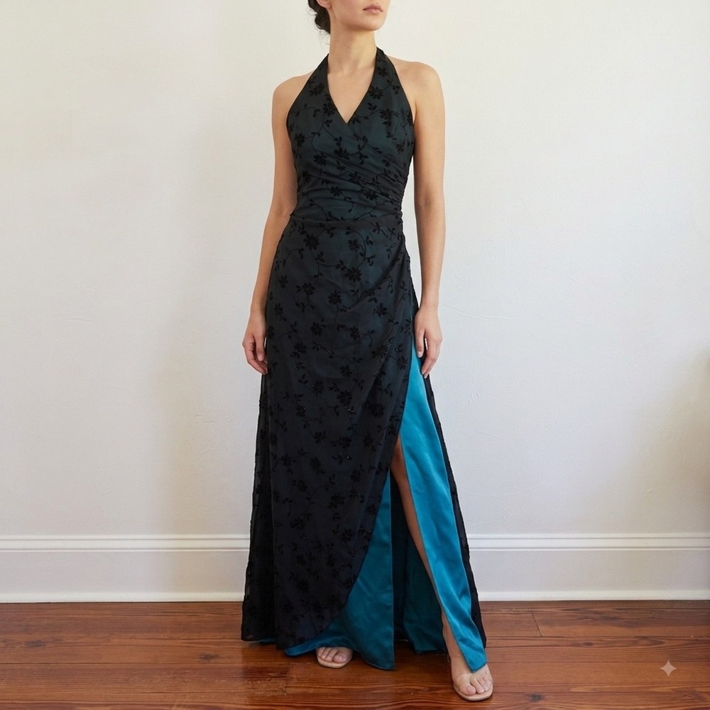 Vintage Morgan & Co Prom Dress Size 9/10 Black Teal Floral Glitter Corset Halter